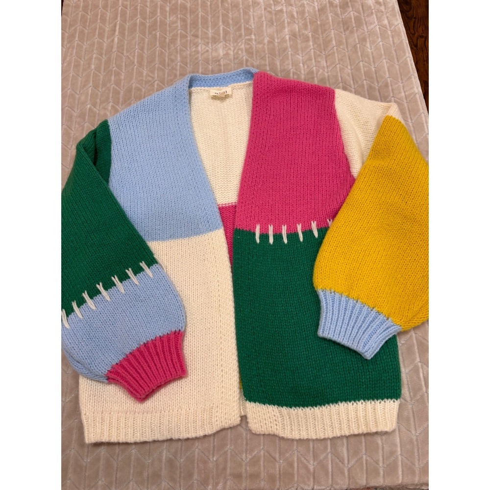 BiBi Kidcore Cardigan M Colorblock Patchwork Knit Dopamine Dressing Boho Sweater - Picture 1 of 14